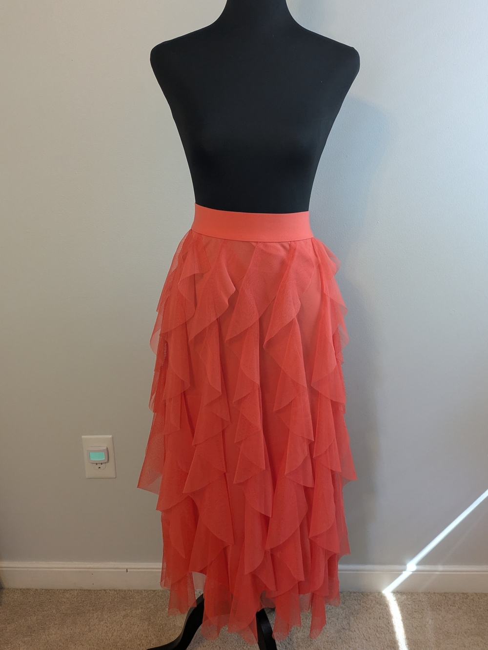 Cato Coral Waterfall Ruffle Maxi Skirt Size L Vertical Mesh Summer Bold Vivid
